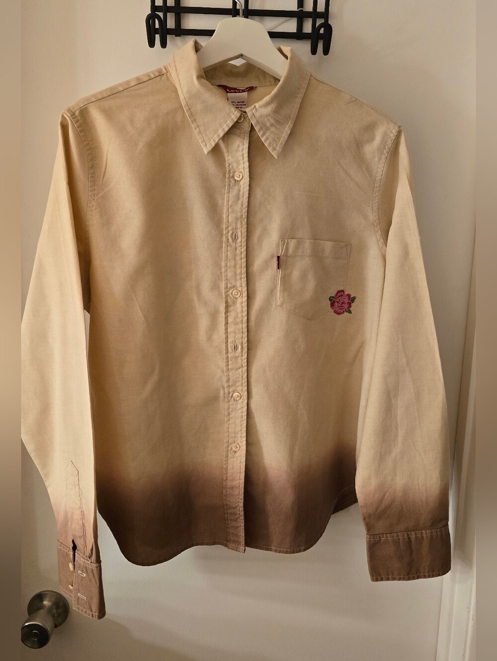 Womens Levi"s Beige to Brown Ombre Button-Up Shirt with Rose Embroidery